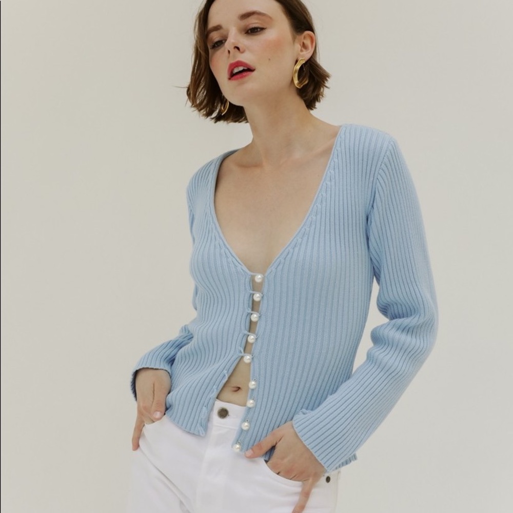 Musier Paris Light Blue Cardigan w/ Pearl Buttons